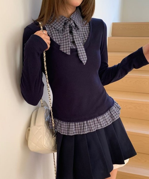 AsRiRe ブラウス シャツ 26ss チェックリボン/タイレイヤード風フリル