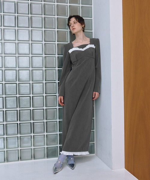 アイボリー フリル付きロングドレス ANDRESD ドレス フリルトリムロングドレス / frills trim long dress