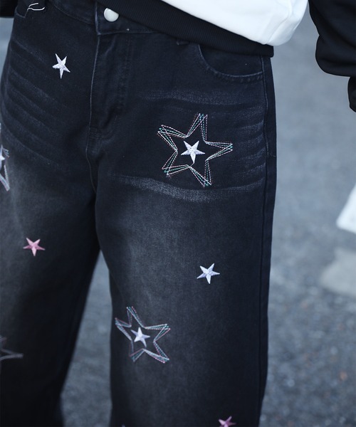 ワイドパンツ ジーンズ HOOK -select- スター刺繍デザイン ワイド