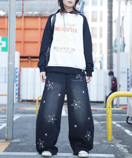 ワイドパンツ ジーンズ HOOK -select- スター刺繍デザイン ワイド