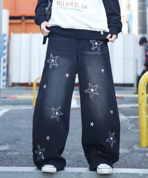 ワイドパンツ ジーンズ HOOK -select- スター刺繍デザイン ワイド