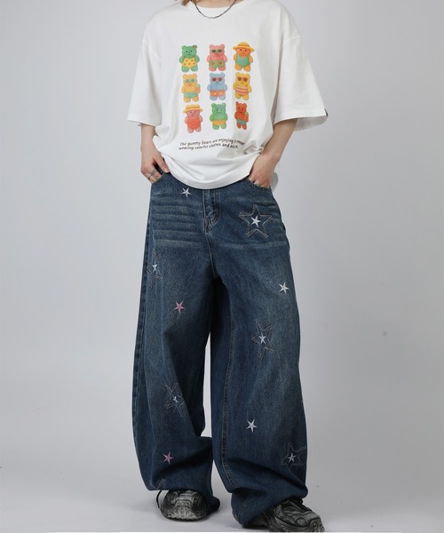 ワイドパンツ ジーンズ HOOK -select- スター刺繍デザイン ワイド