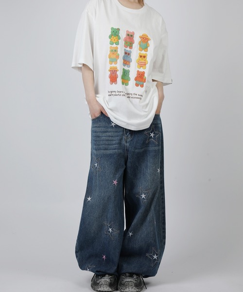 ワイドパンツ ジーンズ HOOK -select- スター刺繍デザイン ワイド