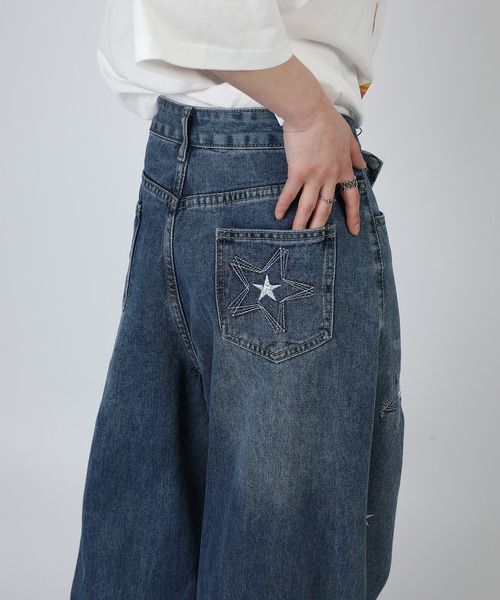 ワイドパンツ ジーンズ HOOK -select- スター刺繍デザイン ワイド