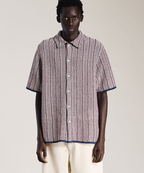 セーター ニット COOHEM | 透かしストライプ ニットツイードシャツ MEN メンズの画像