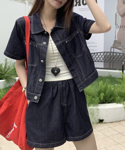セットアップ デニムセットアップ 半袖ジャケット×ショートパンツ 大人カジュアル2点セット レディース