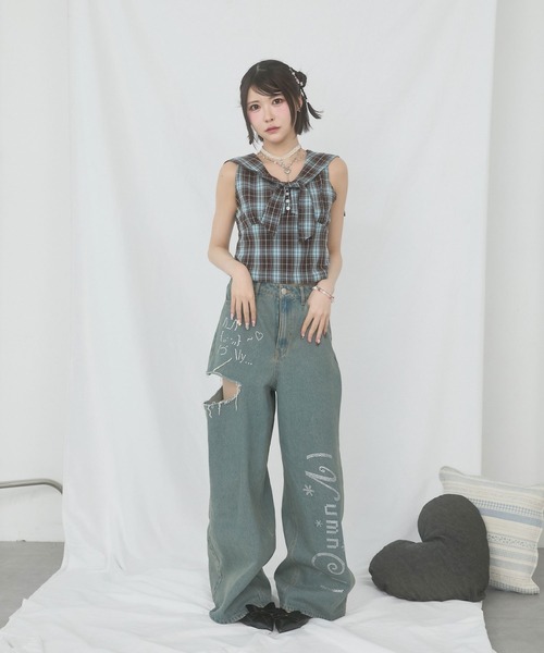 rumnel： ジーンズ デニム デニムパンツ ラインストーンダメージデニム