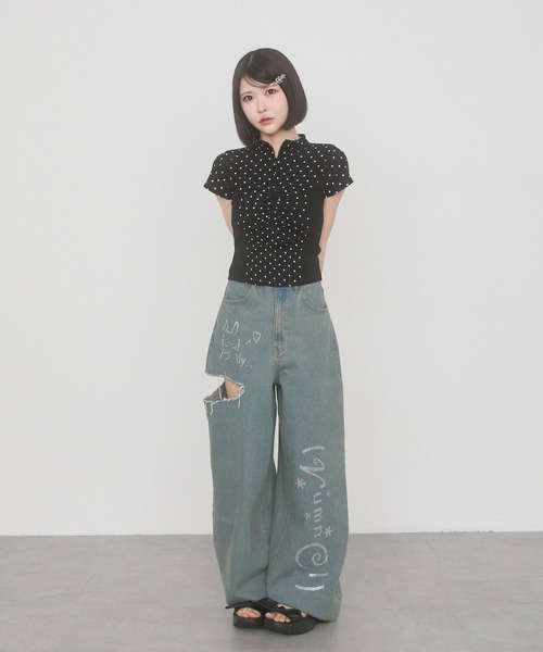 rumnel： ジーンズ デニム デニムパンツ ラインストーンダメージデニム