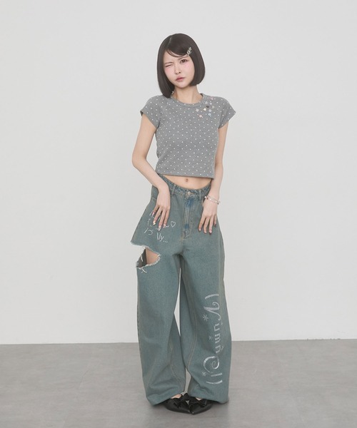 古着　ラインストーン装飾 ダメージデニムパンツ rumnel： ジーンズ デニム デニムパンツ ラインストーンダメージデニム