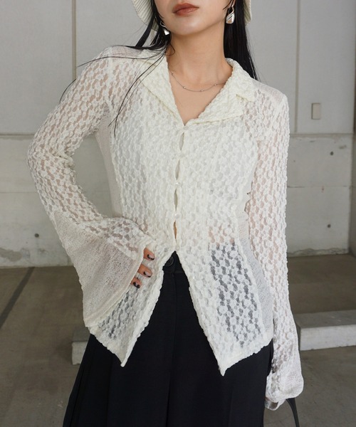 ブラウス シャツ MEDI SHRUNK LACE OPEN COLLAR TOP レディースの画像