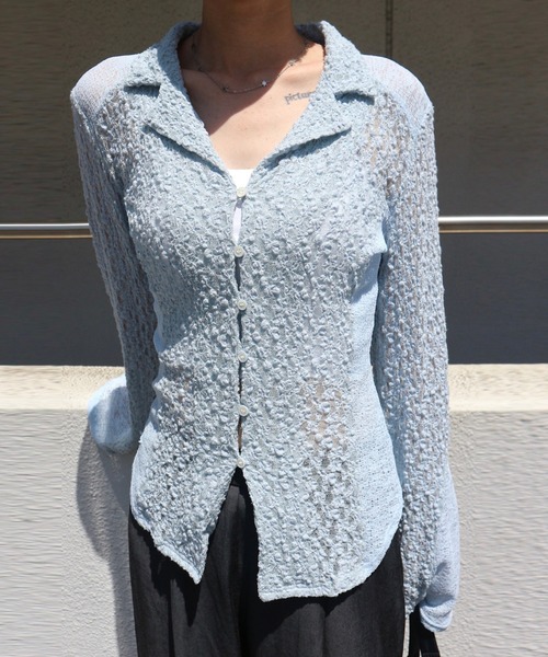 ブラウス シャツ MEDI SHRUNK LACE OPEN COLLAR TOP レディースの画像
