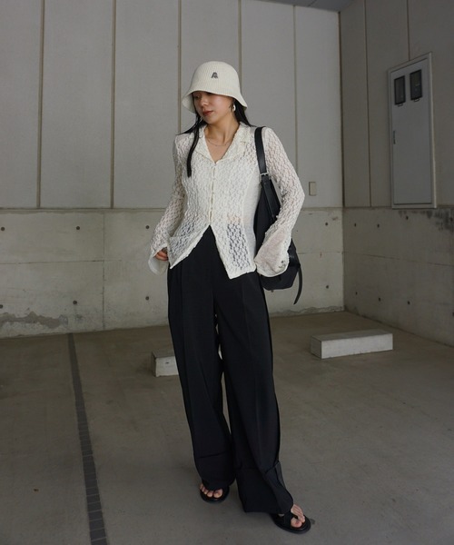 ブラウス シャツ MEDI SHRUNK LACE OPEN COLLAR TOP レディースの画像