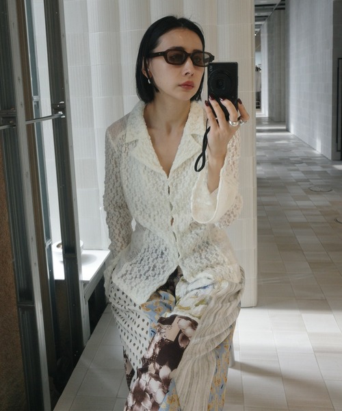 ブラウス シャツ MEDI SHRUNK LACE OPEN COLLAR TOP レディースの画像