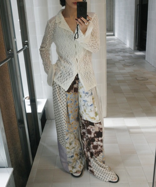 ブラウス シャツ MEDI SHRUNK LACE OPEN COLLAR TOP レディースの画像
