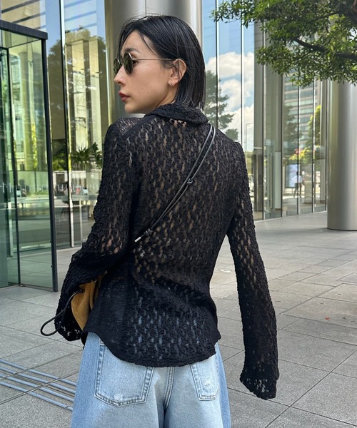 ブラウス シャツ MEDI SHRUNK LACE OPEN COLLAR TOP レディースの画像