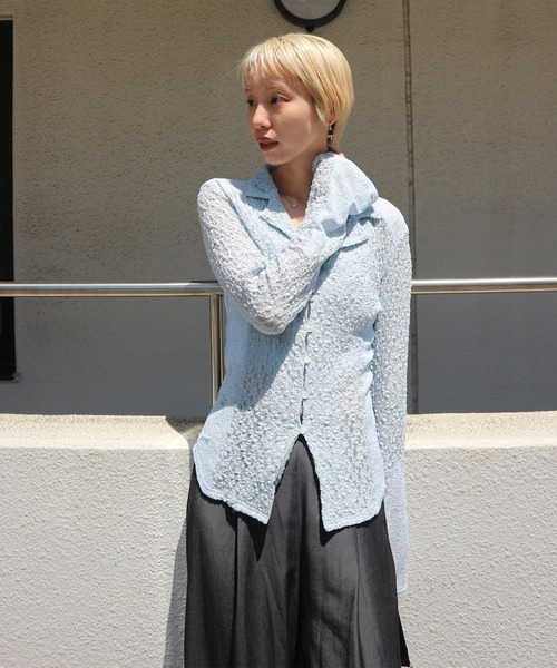 ブラウス シャツ MEDI SHRUNK LACE OPEN COLLAR TOP レディースの画像