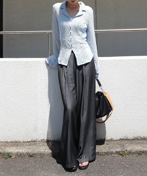 ブラウス シャツ MEDI SHRUNK LACE OPEN COLLAR TOP レディースの画像
