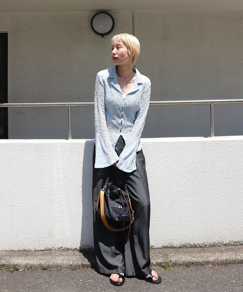 ブラウス シャツ MEDI SHRUNK LACE OPEN COLLAR TOP レディースの画像