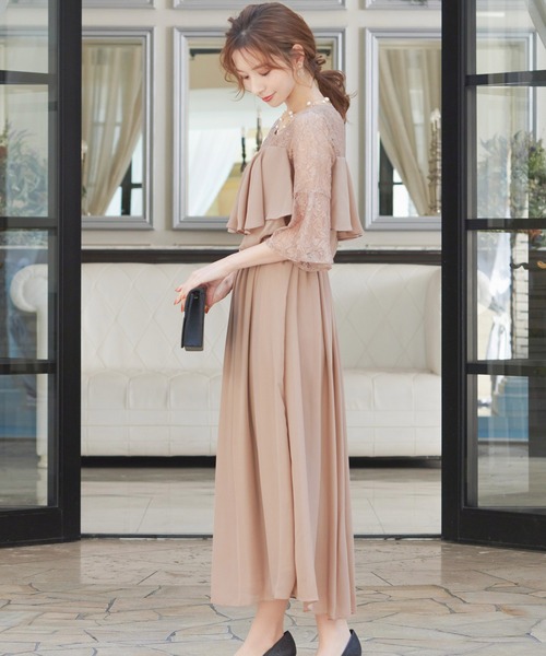 【ねこねこ】niana 結婚式 ドレス ワンピース 長袖 ロング ブラウン niana（ニアナ） ドレス レース袖ロング結婚式ワンピースドレス