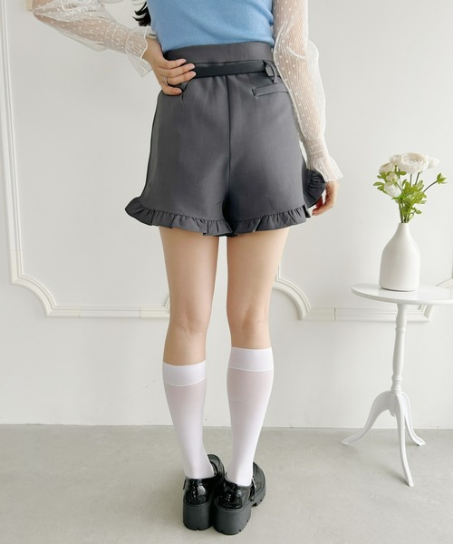 Loueme パンツ ベルト付きハイウエストフリルショートパンツ