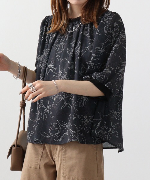 アンナニコラ Anna Nicola リブ切替フラワープリントブラウス （ネイビー） Anna Nicola ブラウス シャツ AnnaNicola リブ切替フラワー