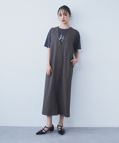 【再入荷】カジュアル ジップ ノースリーブ ワンピース シアーノースリーブワンピース