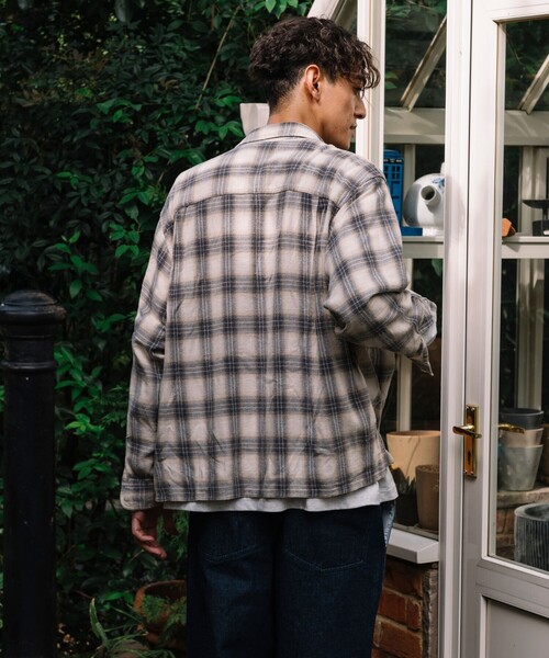 FREAK'S STORE シャツ ブリーチ加工 オープンカラー チェック