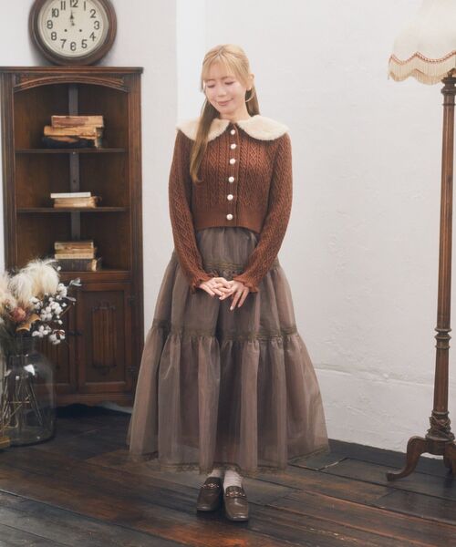 Areeam（アリーム） カーディガン 衿ファー付きケーブルカーディガン