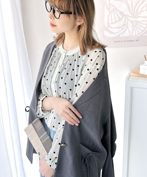 136t*美品 シップス 0 x ones ドットフロッキー楊柳ブラウス 136t*美品  