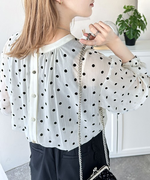136t*美品 シップス 0 x ones ドットフロッキー楊柳ブラウス□ SHIPS 