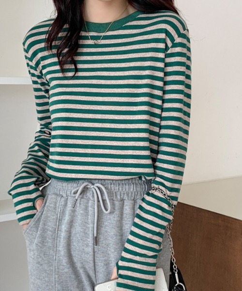 tシャツ フィンガーホール ストレッチ ボーダーロンT レディース