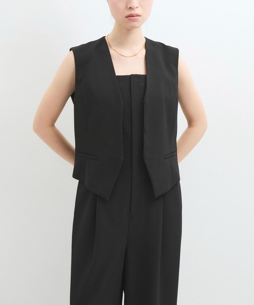 訳あり 新品 アダムエロペ 【サステナブル】 ジャケットコンビロンパース S 黒 ADAM ET ROPE'（アダムエロペ） オールインワン 「サステナブル」ジレ