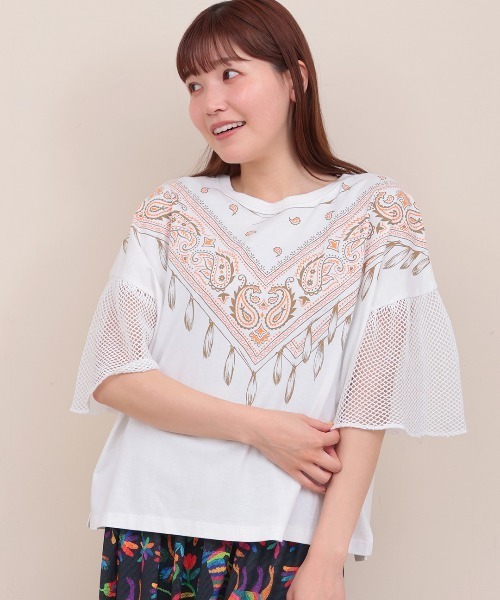 tシャツ バンダナメッシュスリーブプルオーバー レディース