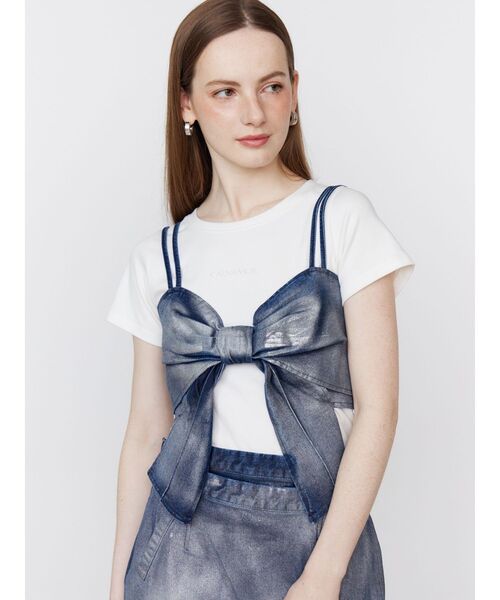 ブラウス シャツ GLITTER DENIM RIBBON BUSTIER レディース CALNAMUR ブラウス シャツ GLITTER DENIM RIBBON BUSTIER