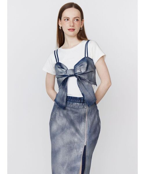 ブラウス シャツ Denim Bustier レディース CALNAMUR ブラウス シャツ GLITTER DENIM RIBBON BUSTIER