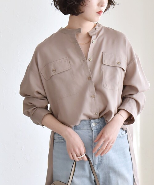 ブラウス シャツ quaranciel:「手洗い可能」ドレッシー ワーク ポケット シャツ レディース