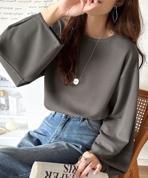 tシャツ ふんわり袖で、大人映え。ランタンスリーブ切替ステッチプルオーバー（長袖） レディース | classicalelf | 03