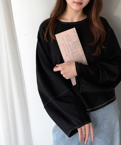 tシャツ ふんわり袖で、大人映え。ランタンスリーブ切替ステッチプルオーバー（長袖） レディース | classicalelf | 02