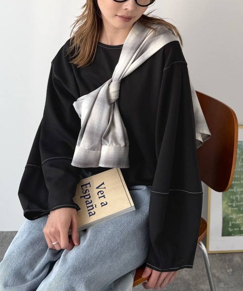 tシャツ ふんわり袖で、大人映え。ランタンスリーブ切替ステッチプルオーバー（長袖） レディース | classicalelf | 11