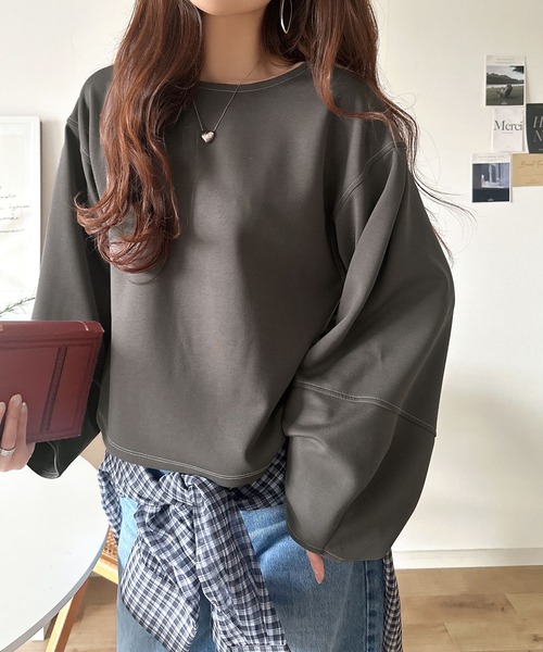 tシャツ ふんわり袖で、大人映え。ランタンスリーブ切替ステッチプルオーバー（長袖） レディース | classicalelf | 18