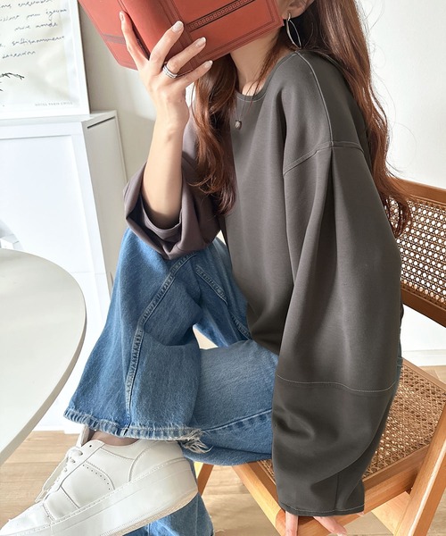 tシャツ ふんわり袖で、大人映え。ランタンスリーブ切替ステッチプルオーバー（長袖） レディース | classicalelf | 19