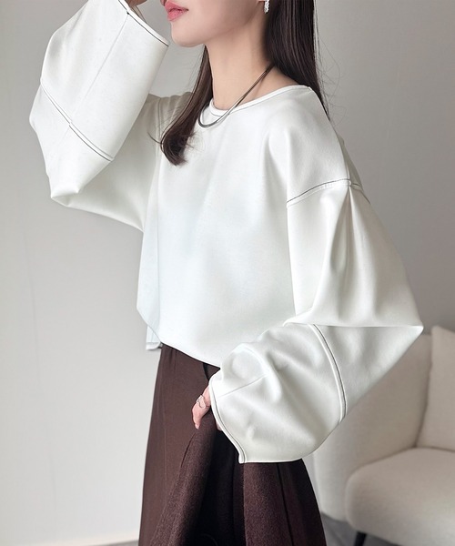 tシャツ ふんわり袖で、大人映え。ランタンスリーブ切替ステッチプルオーバー（長袖） レディース | classicalelf | 09