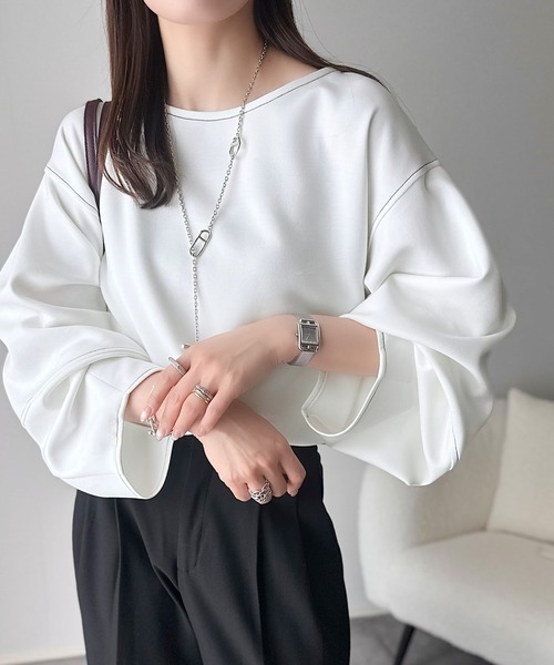 tシャツ ふんわり袖で、大人映え。ランタンスリーブ切替ステッチプルオーバー（長袖） レディース | classicalelf | 07