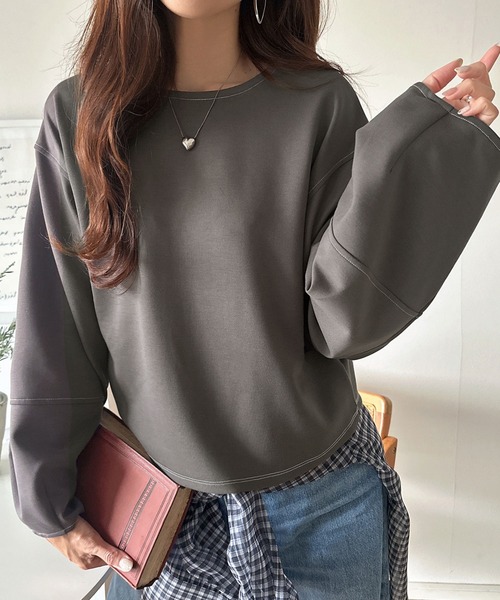 tシャツ ふんわり袖で、大人映え。ランタンスリーブ切替ステッチプルオーバー（長袖） レディース | classicalelf | 16