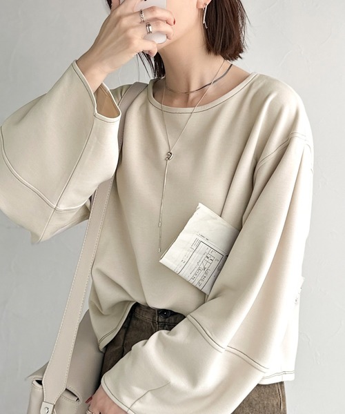 tシャツ ふんわり袖で、大人映え。ランタンスリーブ切替ステッチプルオーバー（長袖） レディース | classicalelf | 23