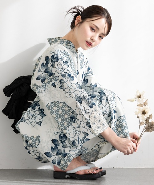 B初心者OK♪ セパレート大人浴衣 3部式＆おはしょりベルト付き 帯セット涼しい B初心者OK♪ セパレート大人浴衣 3部式＆おはしょりベルト付き