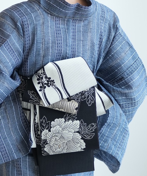 帯単品 小袋帯 utatane 博多織 長尺 正絹 牡丹 ブラック×アイボリー 日本製 レディース | utatane