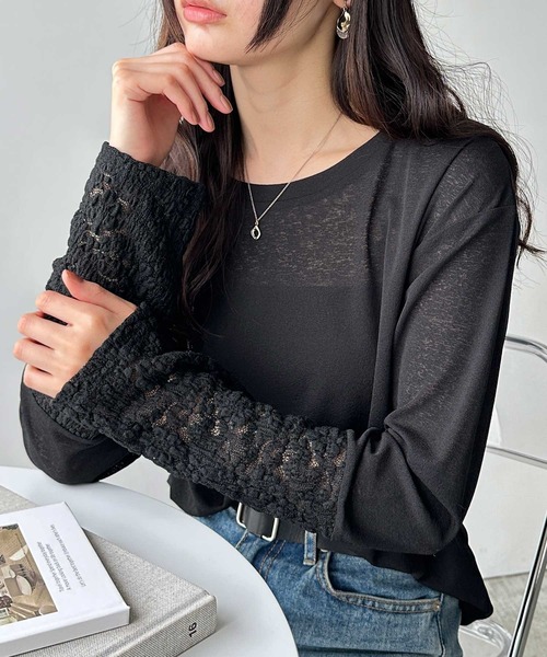 GeeRA（ジーラ） tシャツ 袖レーススラブシアーカットソー レディース