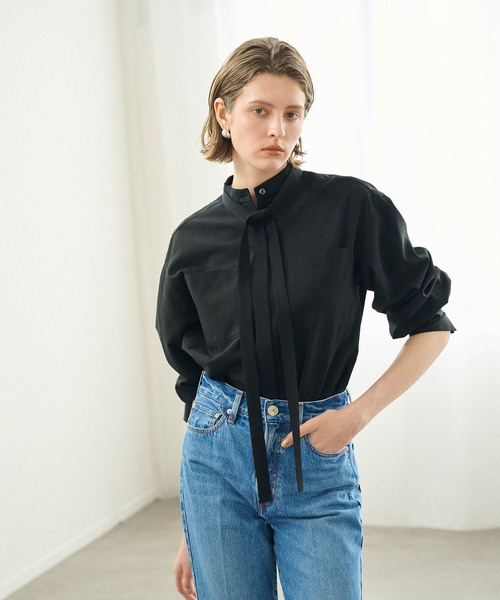 美品UNOF ウノフ　ふじあみ　バンドカラーシャツ ノーカラーシャツ　ブラック ドレープトロミ 比翼バンドカラーシャツ（シャツ/ブラウス）｜Loose