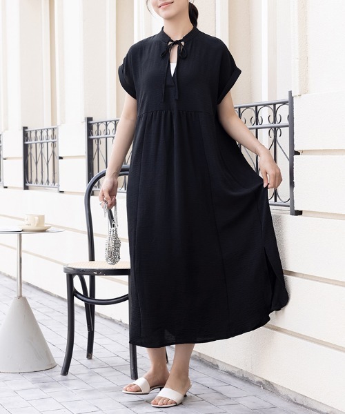 ロング ワンピース ギャザー 美品♡現行♡プラダ リボン (TOP2F2202 ハイネックギャザーワンピース【リボンタイ付き】 ブラック S 38 ワンピース